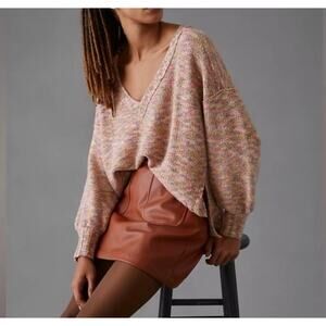 Pilcro Deep V Neck Slouchy Space Dye Sweater Medium Chunky Knit Pink Tan